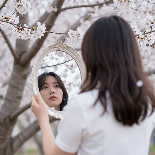 Photograph of an Asian woman with black hair, wearing a white shirt, gazing at her reflection in an ornate mirror, surrounded by blooming