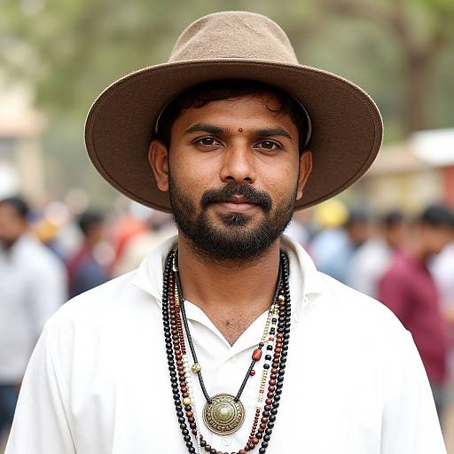 Photograph of a bearded South Asian man with dark skin, brown hat, white shirt, and black beaded necklace, standing in a blurred outdoor