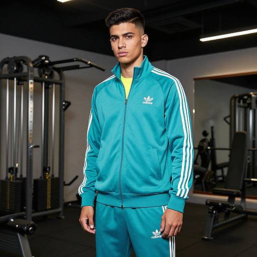 Photograph of a muscular, young, dark-haired man in a teal Adidas track suit, standing in a modern, dimly lit gym.