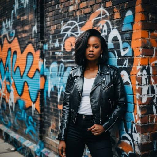 Woman in Black Leather Jacket Against Graffiti Wall