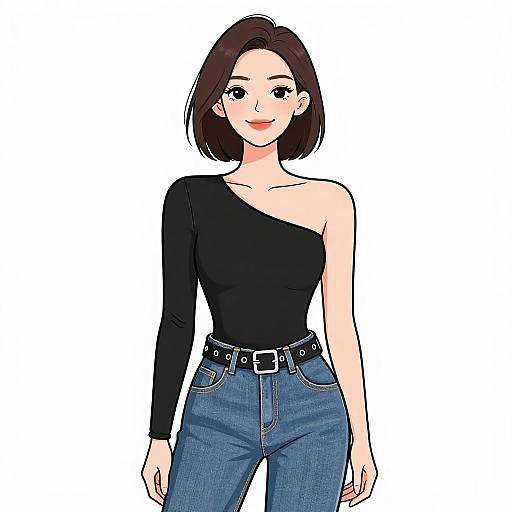 Digital anime-style drawing of a smiling woman with short brown hair, wearing a black one-shoulder top and blue jeans with a black belt. White