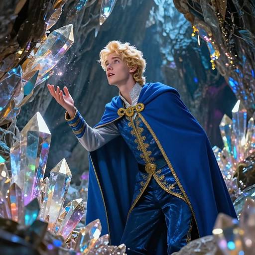 Magical young man with curly blonde hair in blue and gold ornate cloak reaches for sparkling, multicolored crystals in a dark cave. Photoreal