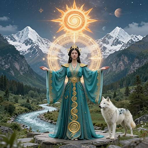 Mystical Sorceress in Mountain Valley