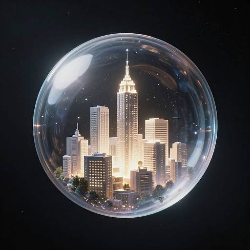 Photorealistic digital artwork of a glowing cityscape inside a transparent glass bubble, set against a starry black night sky.