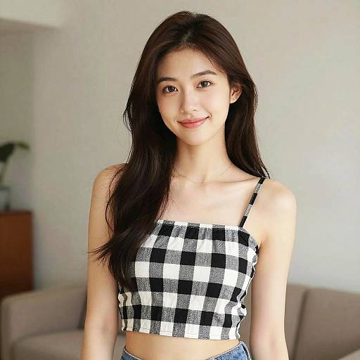 Photograph of an East Asian woman with long dark hair, wearing a black-and-white checkered crop top, smiling softly indoors.