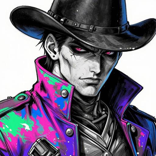 Digital art of a stern, white-faced man with glowing red eyes, wearing a black hat and neon-accented military jacket, against a white background