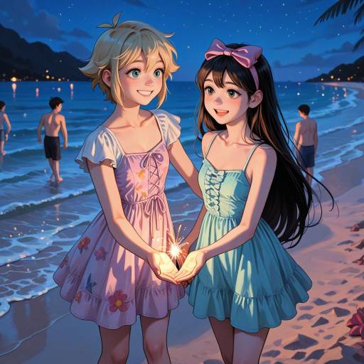 Girls Holding Sparklers on Beach at Night