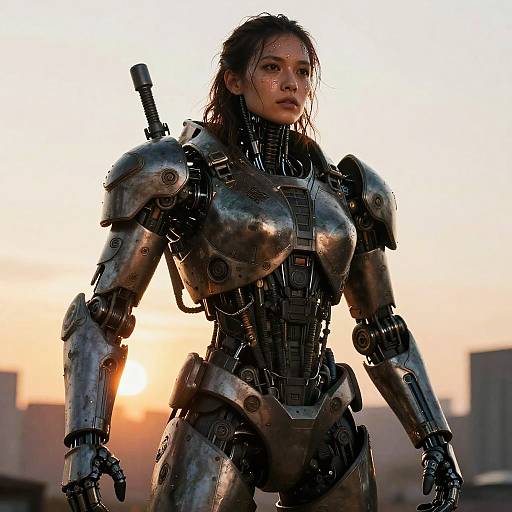 Woman in Hydraulic Biomechanical Exoskeleton Robot at Sunset