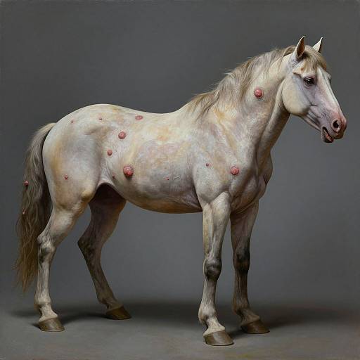 Photorealistic digital artwork of a white horse with pink, raised bumps on its body, standing against a plain gray background.
