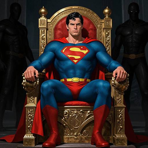 CGI image of muscular Superman sitting on an ornate gold throne with red cushion, wearing blue suit, red cape, and boots. Silhouettes