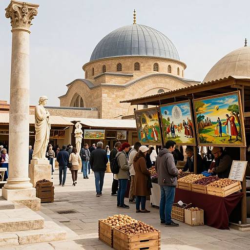 Photograph of a bustling outdoor market in front of a historic dome, with people browsing colorful painted panels and stone statues.