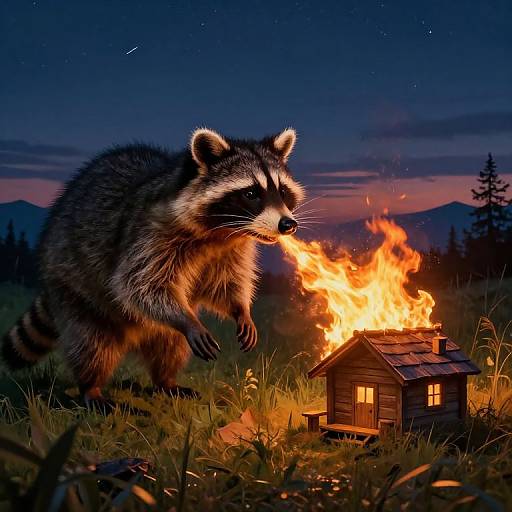 Photorealistic image of a raccoon mid-leap, blowing out a campfire next to a small wooden cabin under a starry night sky.