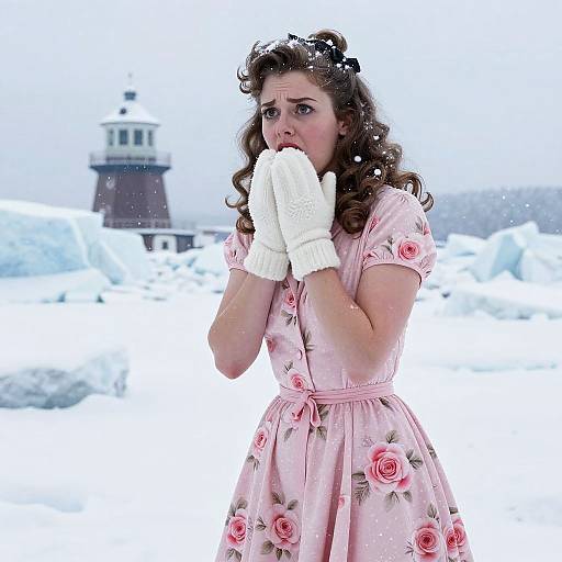 Scared 1950s Pin-Up Girl in Blizzard