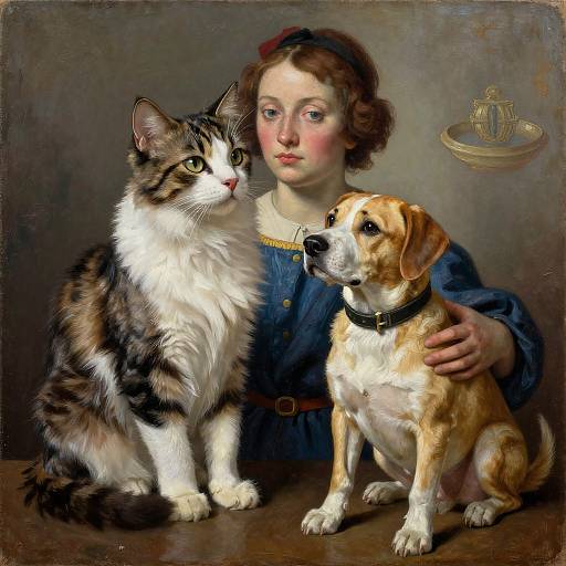 Classical painting of a young girl with curly brown hair, blue dress, flanked by a calico cat and a brown and white dog.