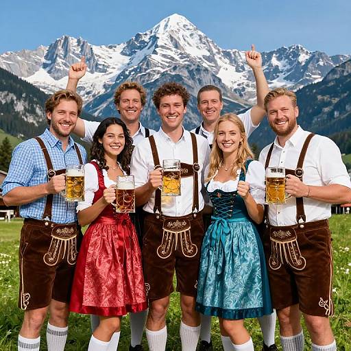 Photograph of six smiling friends in traditional Bavarian attire, holding beer mugs, standing in a green meadow with snow-capped mountains in the