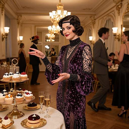 Vintage-style photograph of a 1920s flapper woman in a purple, beaded dress, elegantly presenting a tiered cupcake stand in