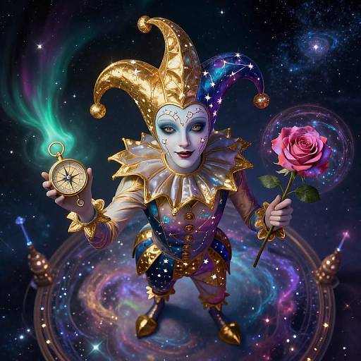 Celestial Harlequin on Cosmic Stage