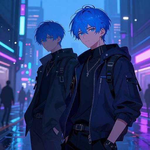 Digital anime-style drawing of two blue-haired, blue-eyed men in black hooded jackets standing in a neon-lit, cyberpunk city street.