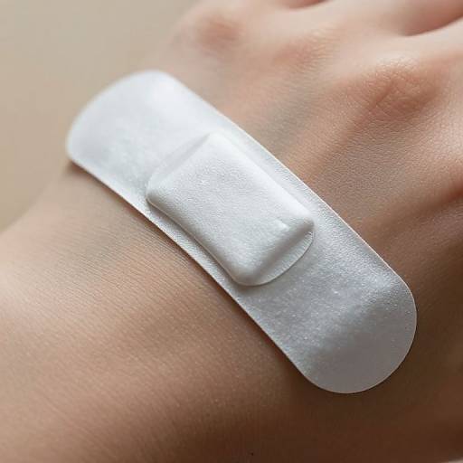 Close-up photograph of a white adhesive bandage on a light-skinned wrist, with soft natural light highlighting the bandage's texture.