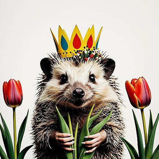 Basquiat-Inspired Joyful Hedgehog with Tulips