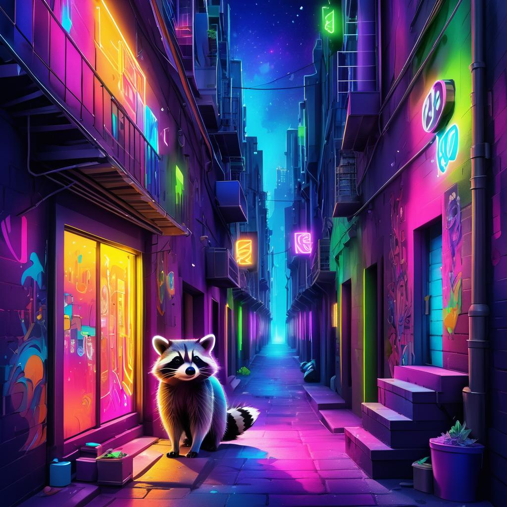 Vibrant Raccoon in a Neon Alley