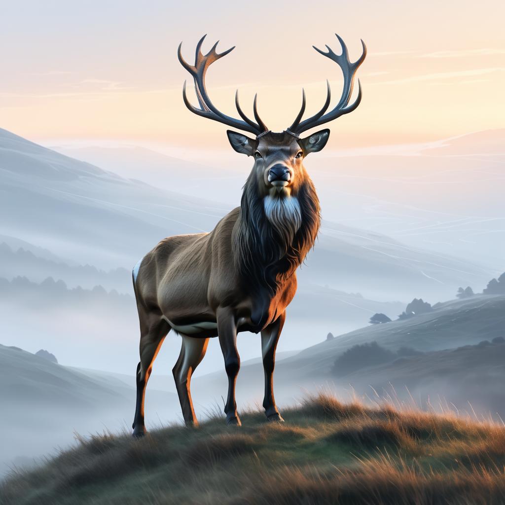 Majestic Stag on Misty Hilltop at Dawn