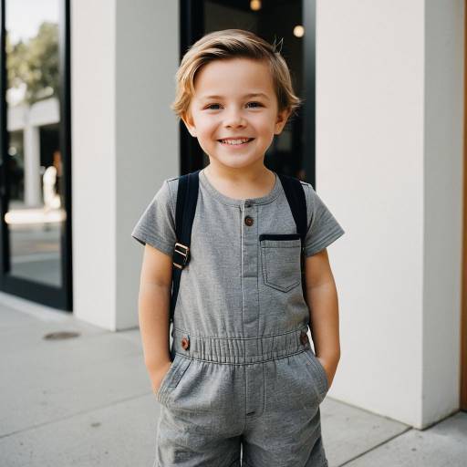 Smiling toddler boy in gray romper outdoors