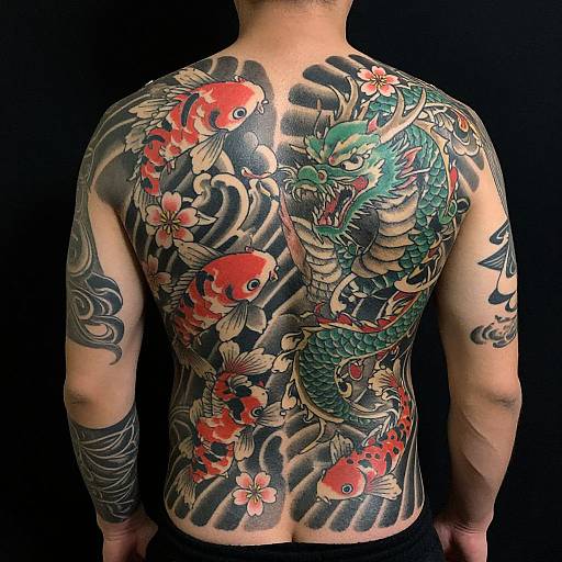 Photograph of a tattooed male back featuring vibrant red and green koi fish, cherry blossoms, and dynamic waves in traditional Japanese style.