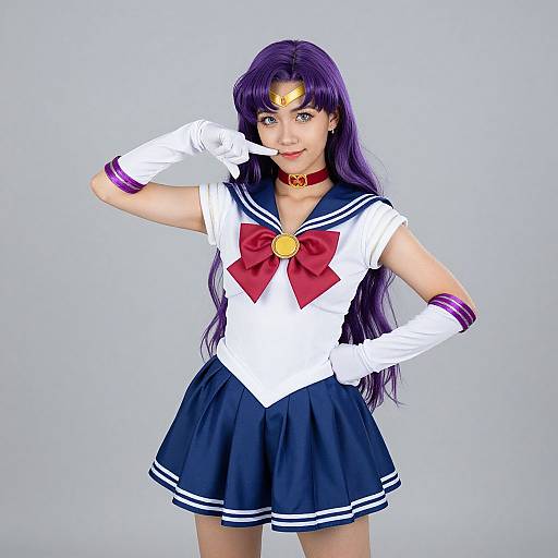 Digital artwork of a young woman in a Sailor Moon cosplay, featuring purple hair, white gloves, red bow, and blue skirt. She poses confidently,