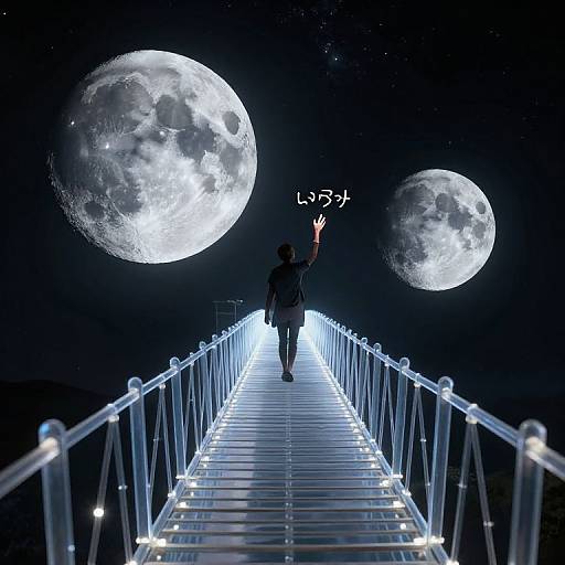Digital illustration of a person walking on a glowing bridge towards two large, detailed full moons in a starry night sky, with Japanese text above their raised