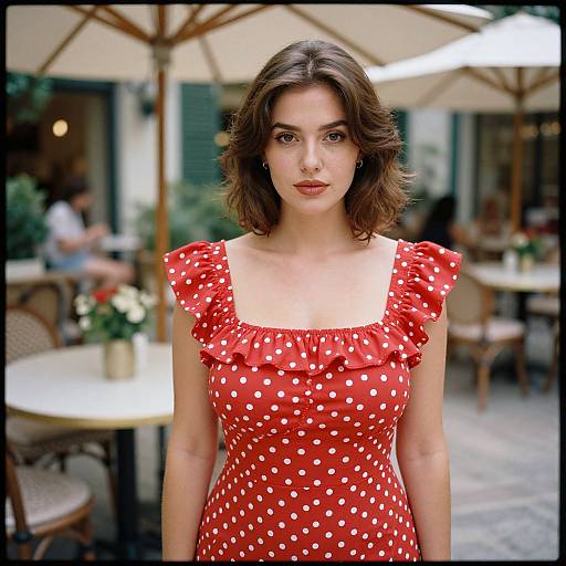 Photograph of a young woman with fair skin, brown wavy hair, wearing a red polka dot dress with ruffled shoulders, standing outdoors in