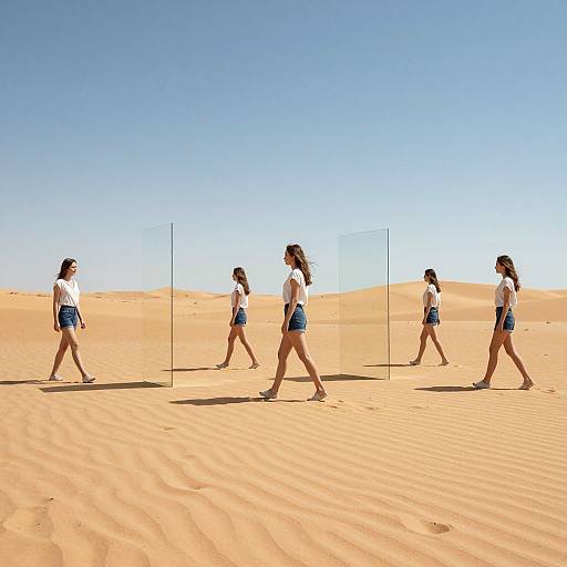 Photograph of five women in white shirts and blue shorts walking in a desert with clear blue sky, each passing a vertical line.