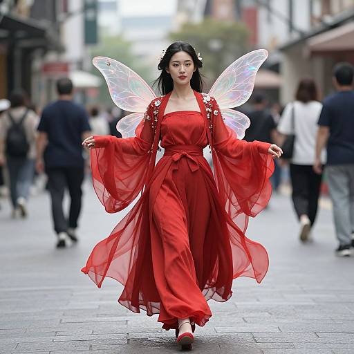 Photograph of an Asian woman with black hair in a red, flowing dress and transparent fairy wings, walking down a busy urban street.