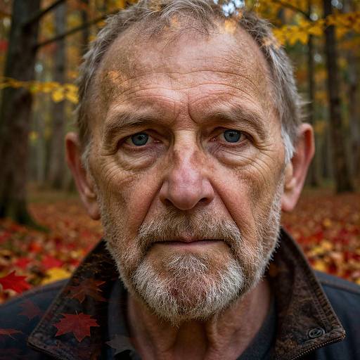 Close-up photograph of an elderly white man with blue eyes, gray beard, and wrinkles, standing in an autumn forest with red and yellow leaves. W