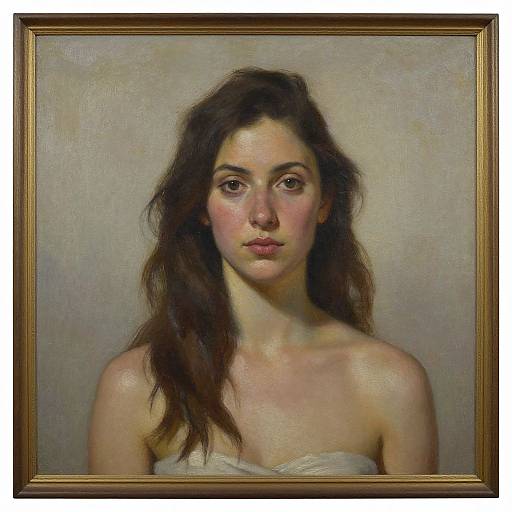 Realistic oil painting of a young woman with long brown hair, fair skin, and neutral expression, wearing a white strapless top, framed in a