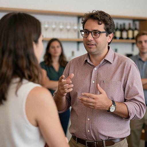 Man in Glasses Speaking to Woman in Casual Setting
