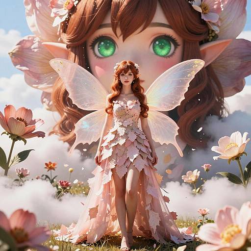 Fairy Woman in Floral Dress with Transparent Wings