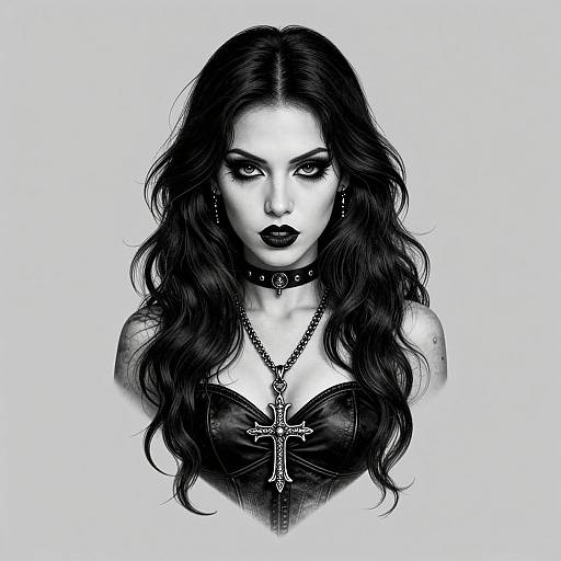 Digital black-and-white portrait of a gothic woman with long, wavy dark hair, black lipstick, choker, and cross necklace, staring int