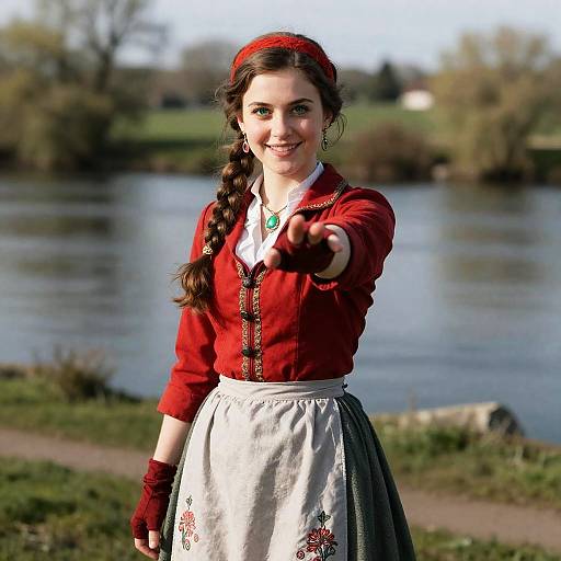 Young Woman in Traditional Outfit by Riverbank