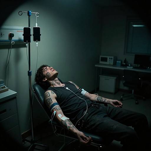 Photograph of a tattooed man with dark hair, wearing a black tank top and pants, reclining in a dimly lit medical room with an