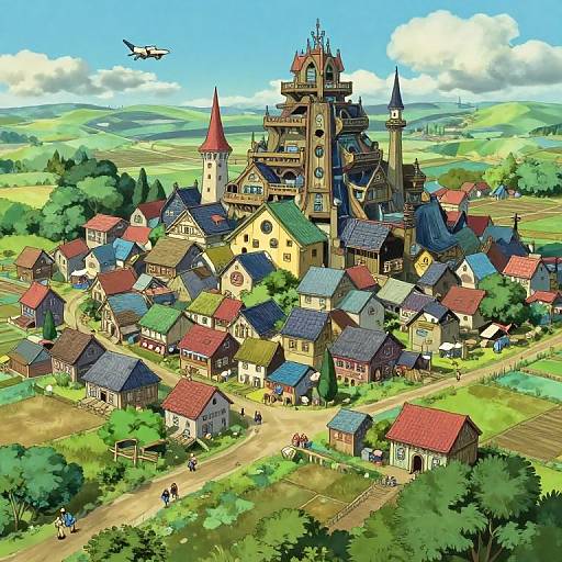 Vibrant digital illustration of a quaint, colorful village with a towering, gothic-style church surrounded by red-roofed cottages and lush green