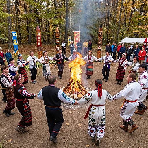 Photograph of a traditional folk dance with participants in colorful, patterned clothing, forming a circle around a burning fire in a forest.