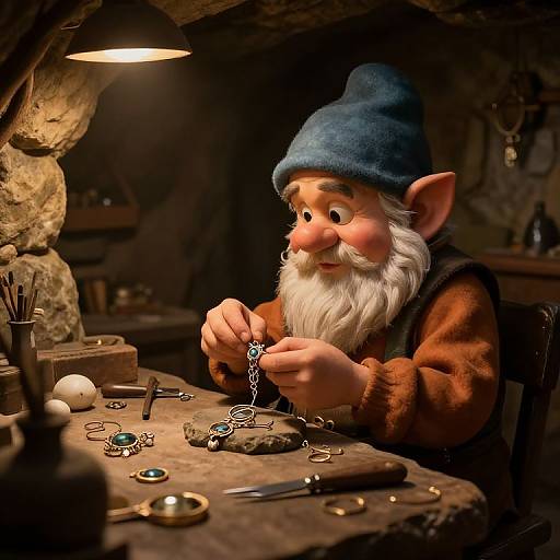 Photorealistic CGI of a cheerful, elderly gnome with a blue hat, white beard, and brown robe, meticulously crafting jewelry in a dimly lit