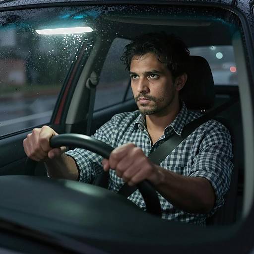 Man Driving in Rainy Night