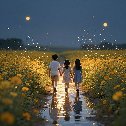 Photograph of a boy and girl holding hands, walking through a glowing yellow flower field at dusk, with fireflies and moons in the dark blue sky