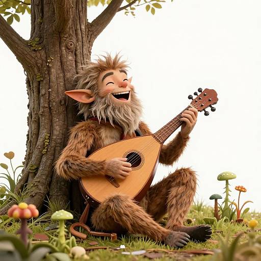 Digitally drawn, whimsical, brown-furred, bearded, pointy-eared gnome with a joyful expression, sitting against a tree, playing