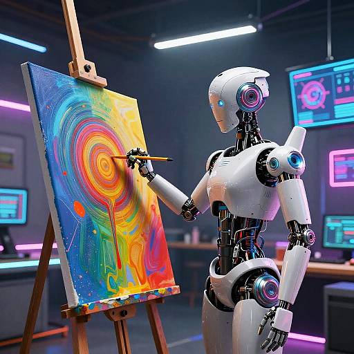 A white, humanoid robot with glowing blue eyes paints a vibrant, swirling abstract on an easel in a neon-lit, futuristic studio.