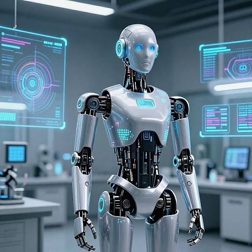 Photorealistic CGI of a sleek, silver humanoid robot with glowing blue eyes and accents, standing in a futuristic laboratory with neon blue holographic displays and