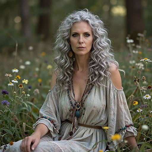Photograph of a silver-haired woman with wavy hair, wearing an off-shoulder, white, floral-patterned dress, sitting in a vibrant