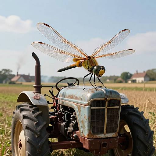 Photograph of a yellow and black dragonfly perched on a rusty, vintage tractor in a sunlit, open field with houses in the background.